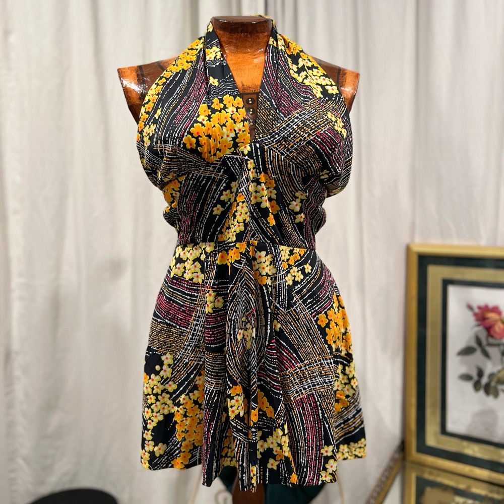 Vintage 60s/70s Hawaiian Floral Halter Romper XS/S Boho Festival Open Back Skort